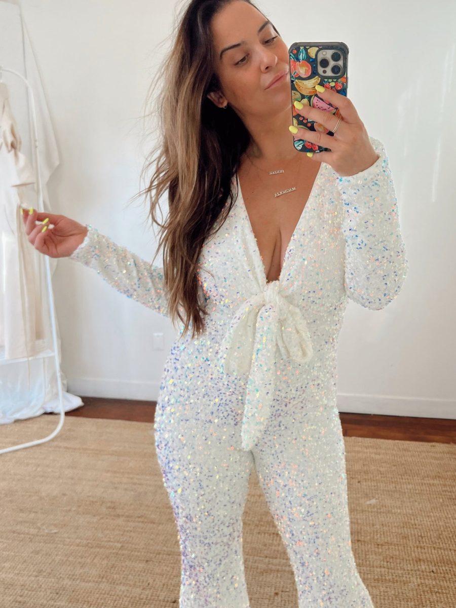 Martina Wrap Jumpsuit ~ White Sparkle Sequins