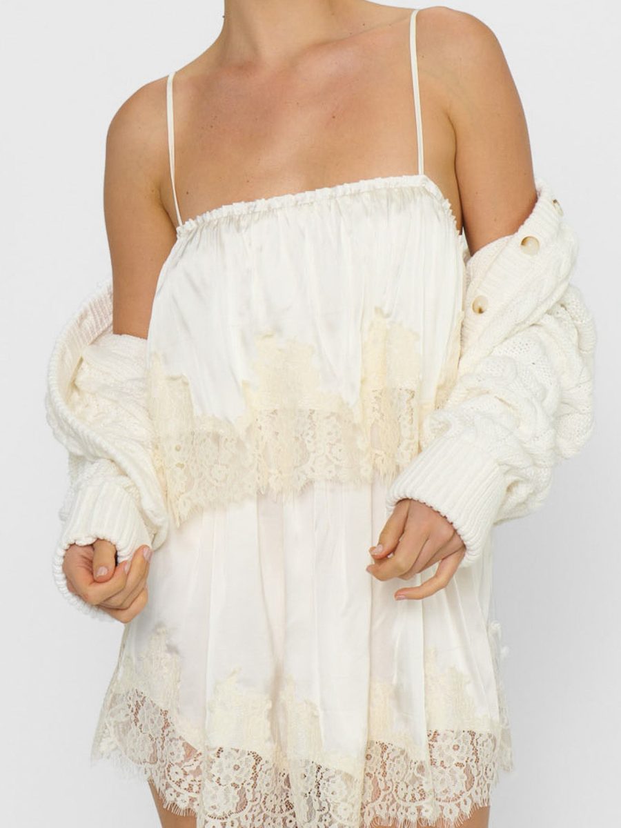 Emmylou Mini Dress ~ Ivory Satin with Lace Trim