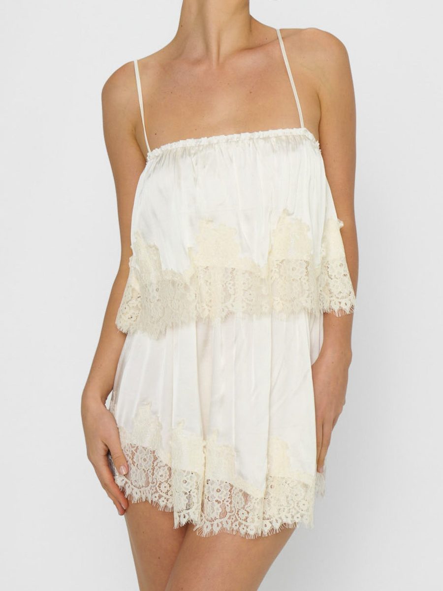 Emmylou Mini Dress ~ Ivory Satin with Lace Trim