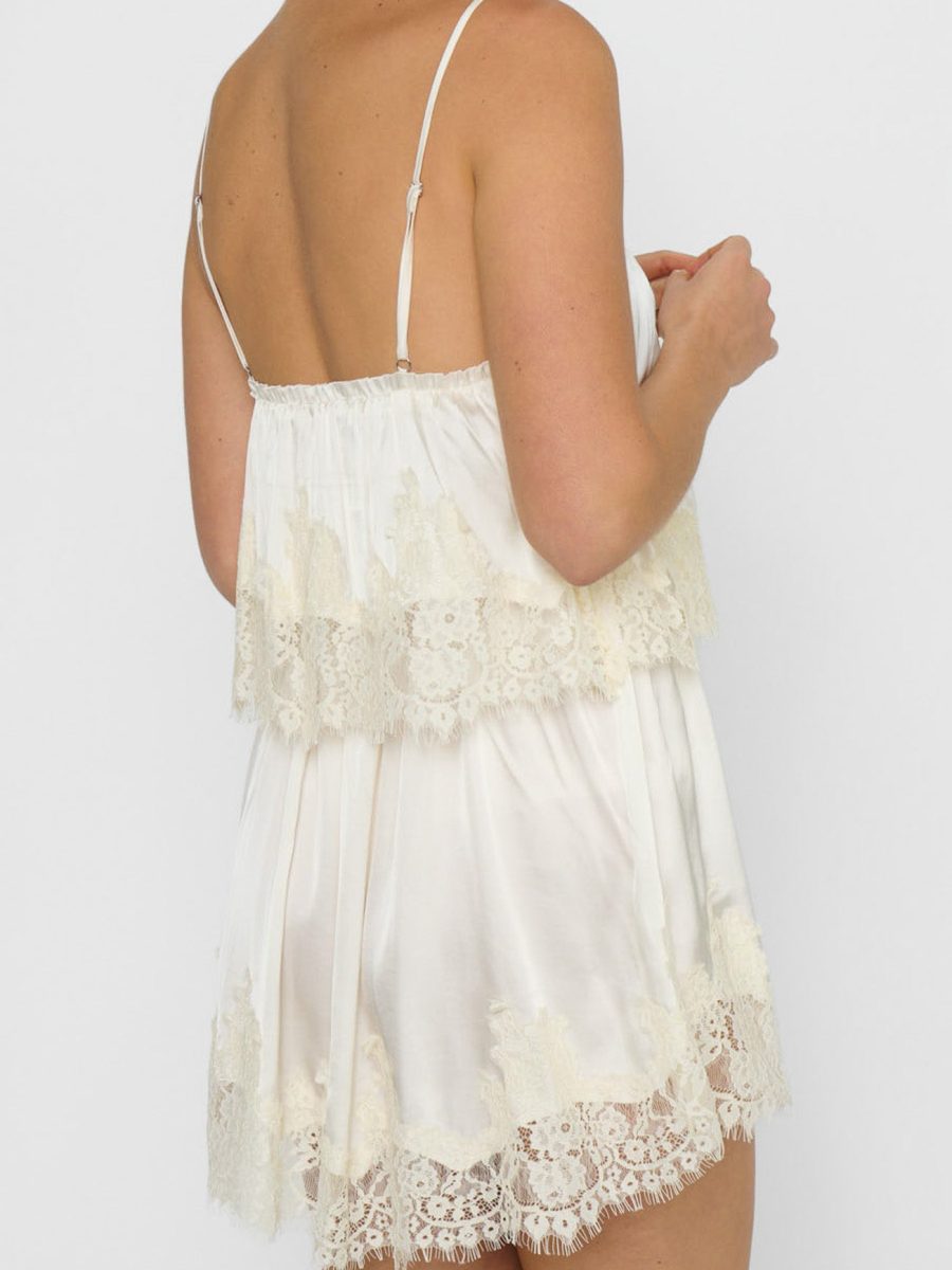 Emmylou Mini Dress ~ Ivory Satin with Lace Trim