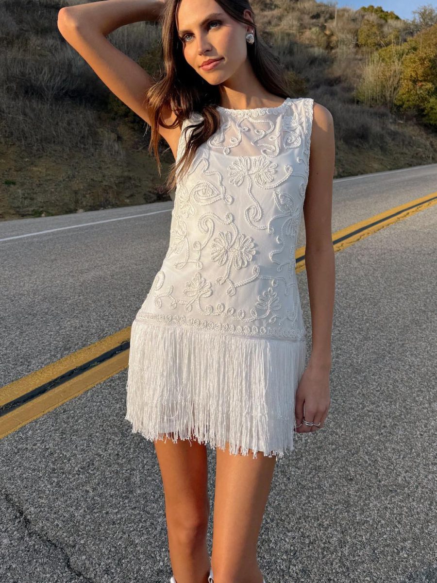 Cyrus Mini Dress ~ White With Fringe