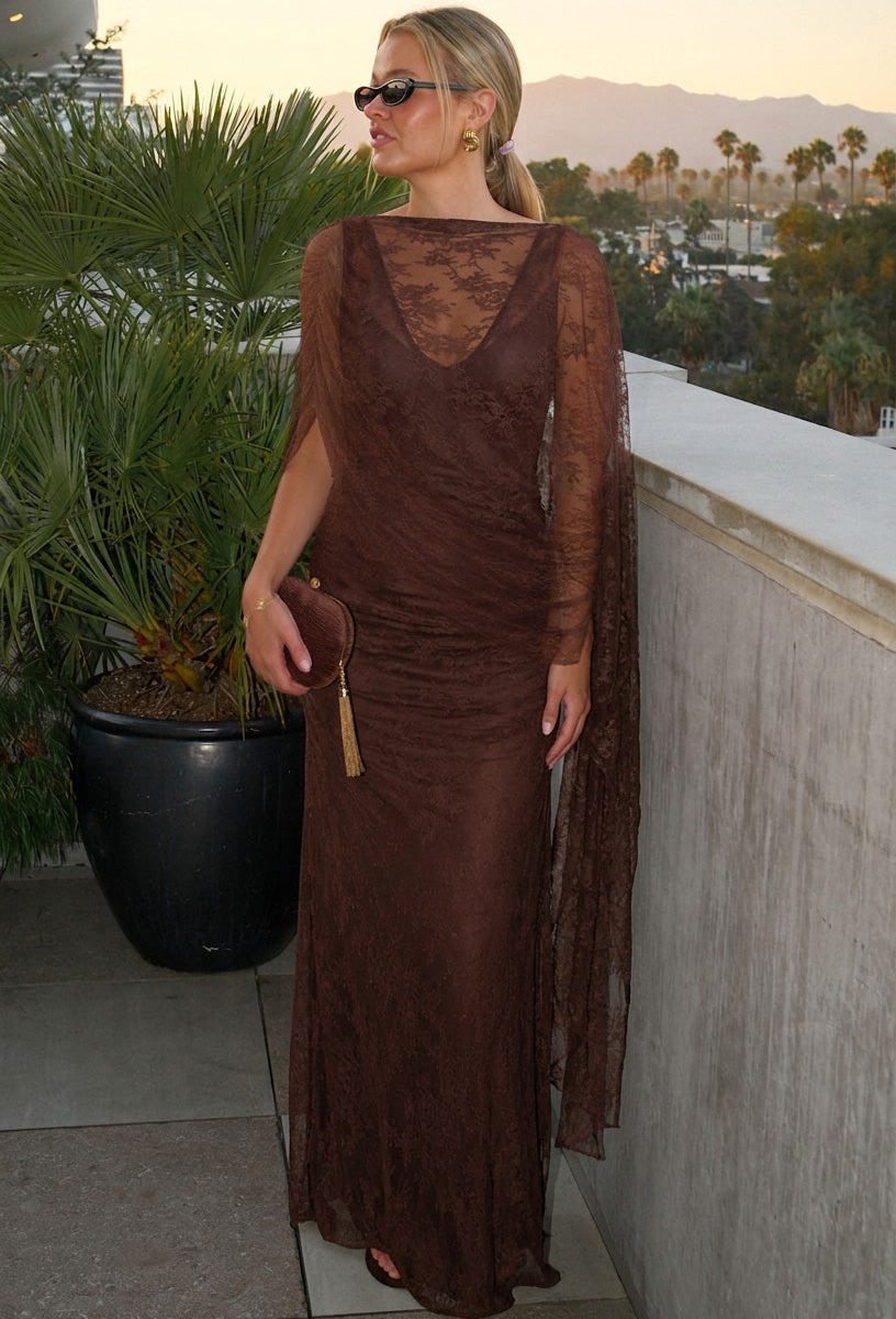 Angelina Maxi Dress ~ Chocolate Luxe Satin With Lace