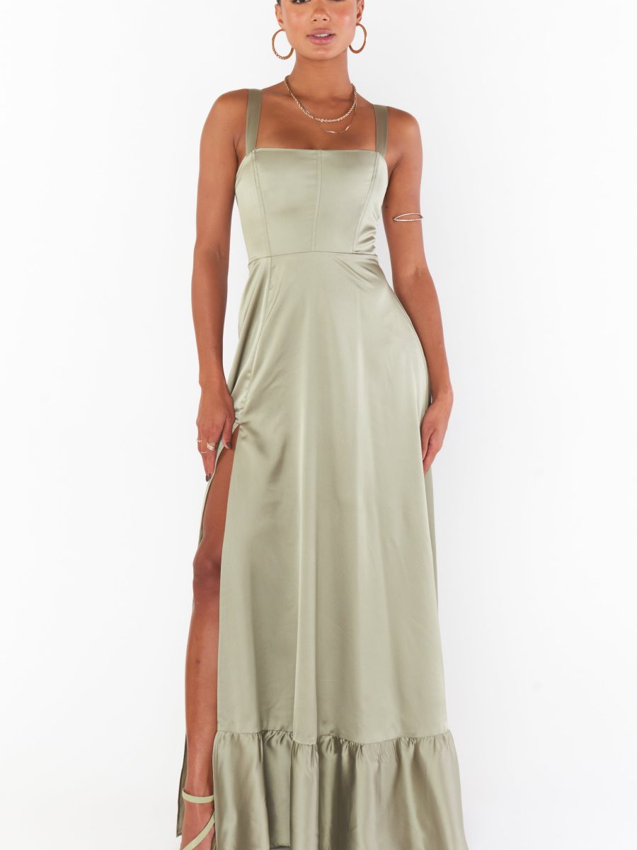 Clarissa Corset Dress ~ Moss Green Luxe Satin