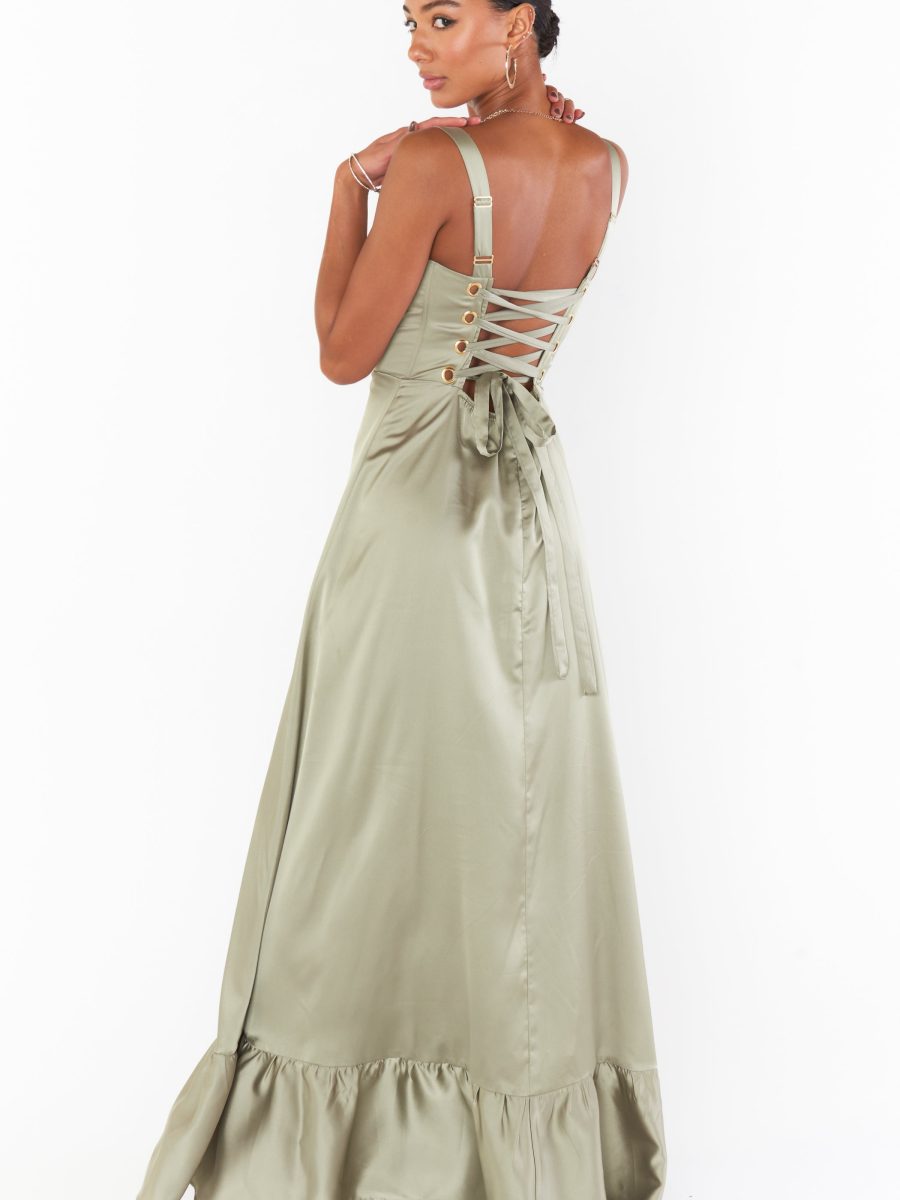 Clarissa Corset Dress ~ Moss Green Luxe Satin