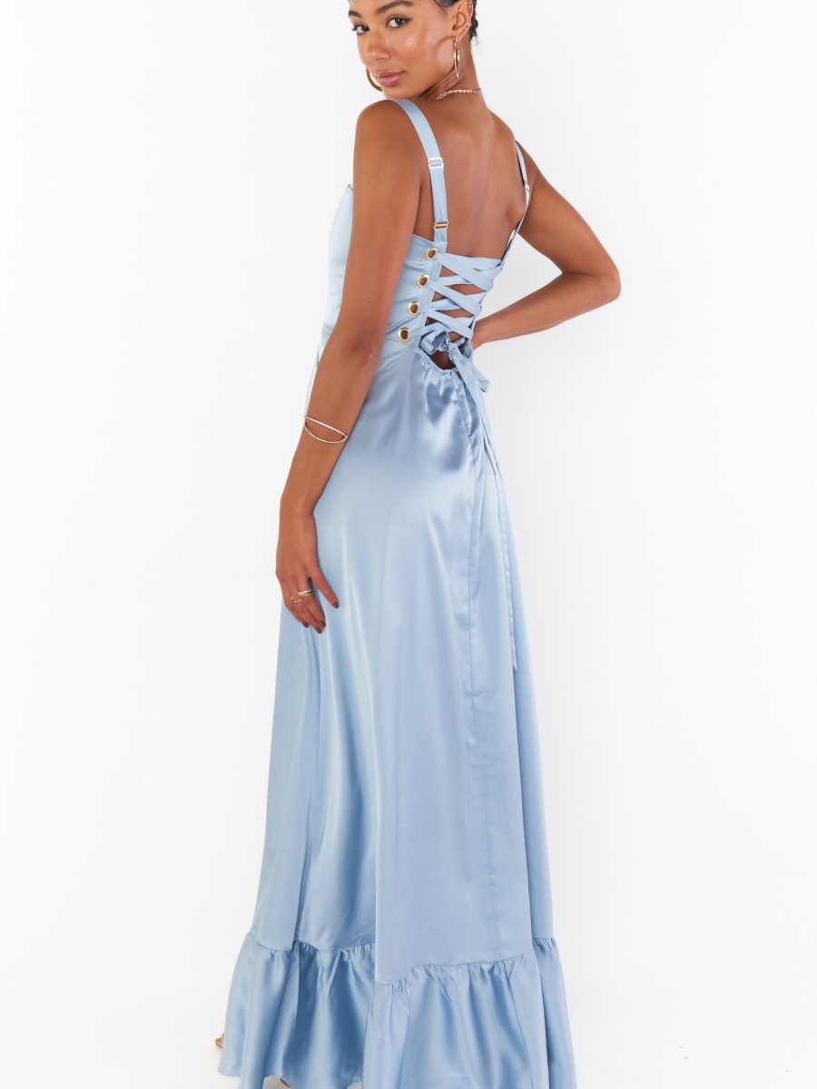 Clarissa Corset Dress ~ Steel Blue Luxe Satin