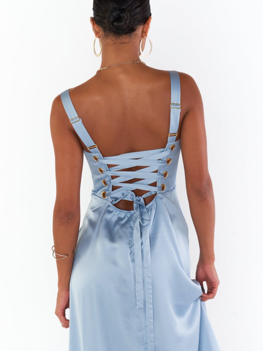 Clarissa Corset Dress ~ Steel Blue Luxe Satin