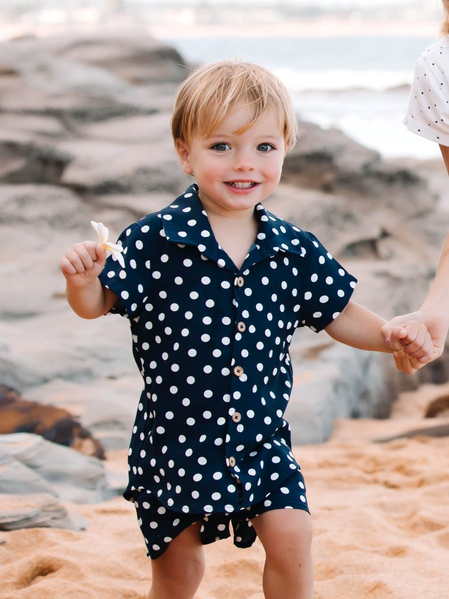 Lil Button Up Shirt ~ Navy Polka Dot