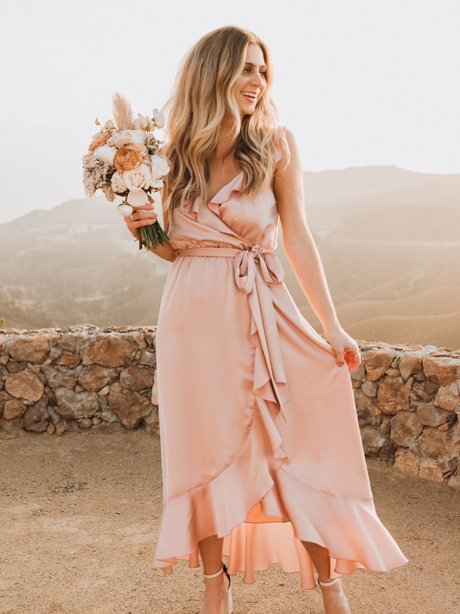 Samantha Ruffle Wrap Dress ~ Rose Gold Luxe Satin