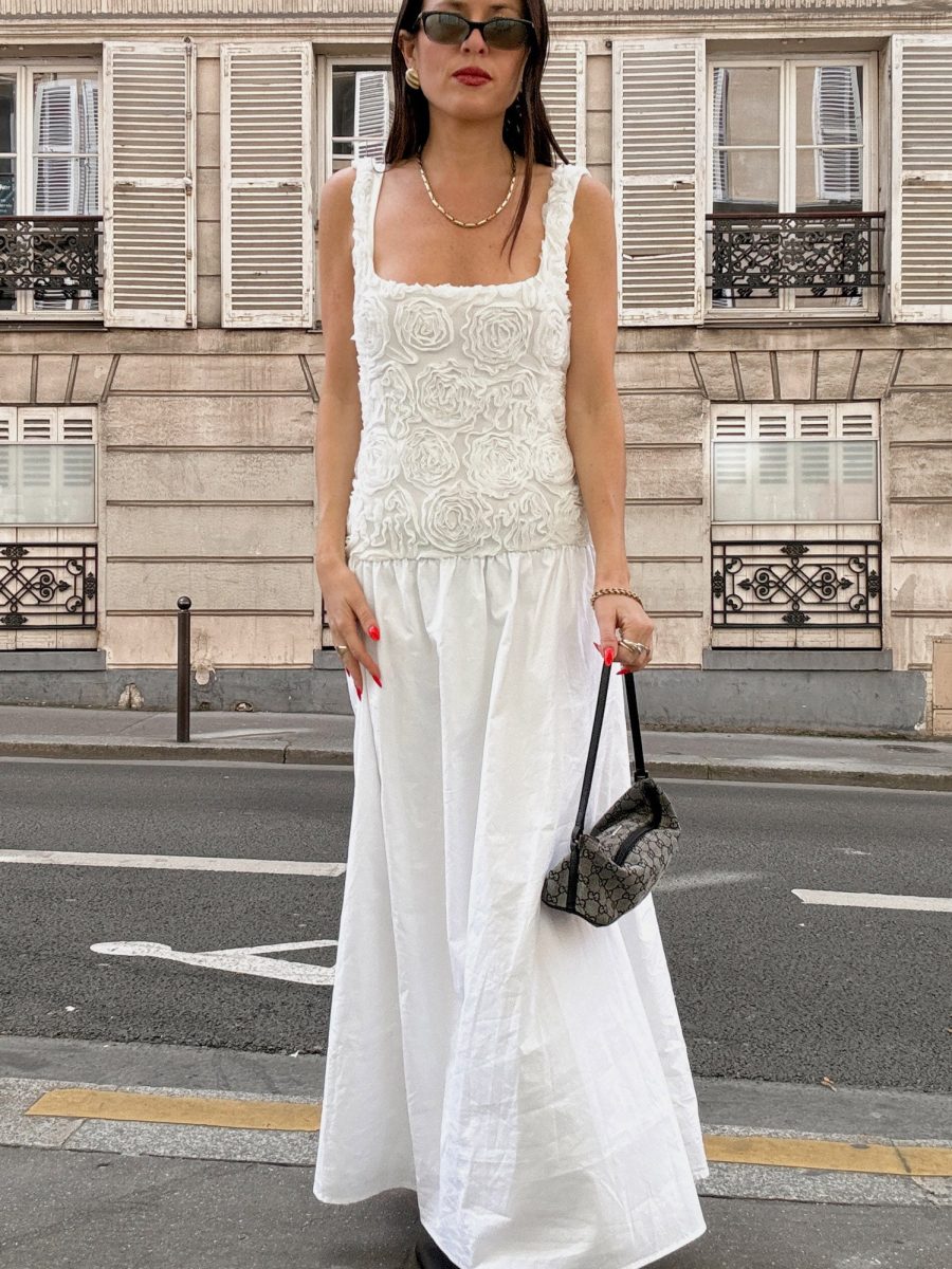 Bradshaw Maxi Dress ~ Rosette Mesh White