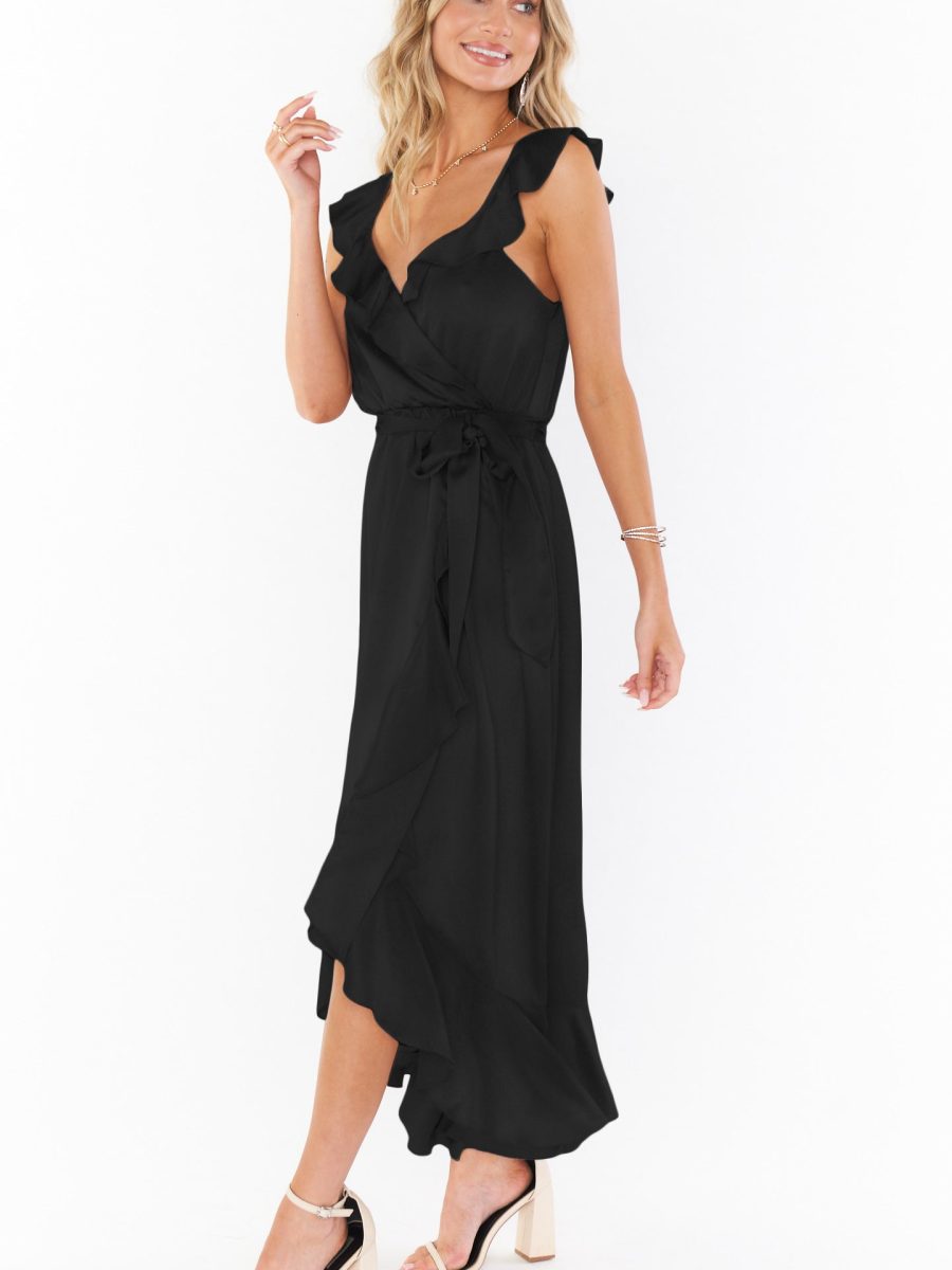Samantha Ruffle Wrap Dress ~ Black Luxe Satin