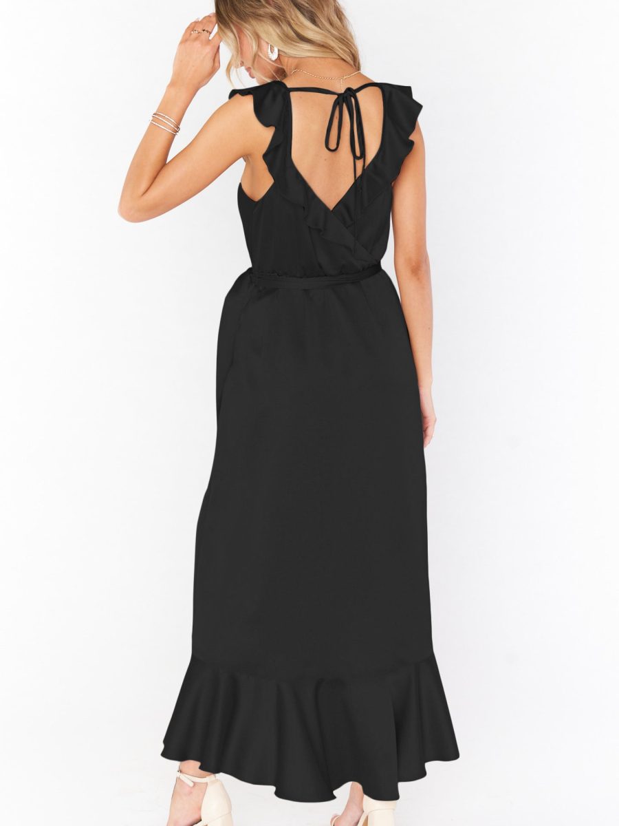 Samantha Ruffle Wrap Dress ~ Black Luxe Satin