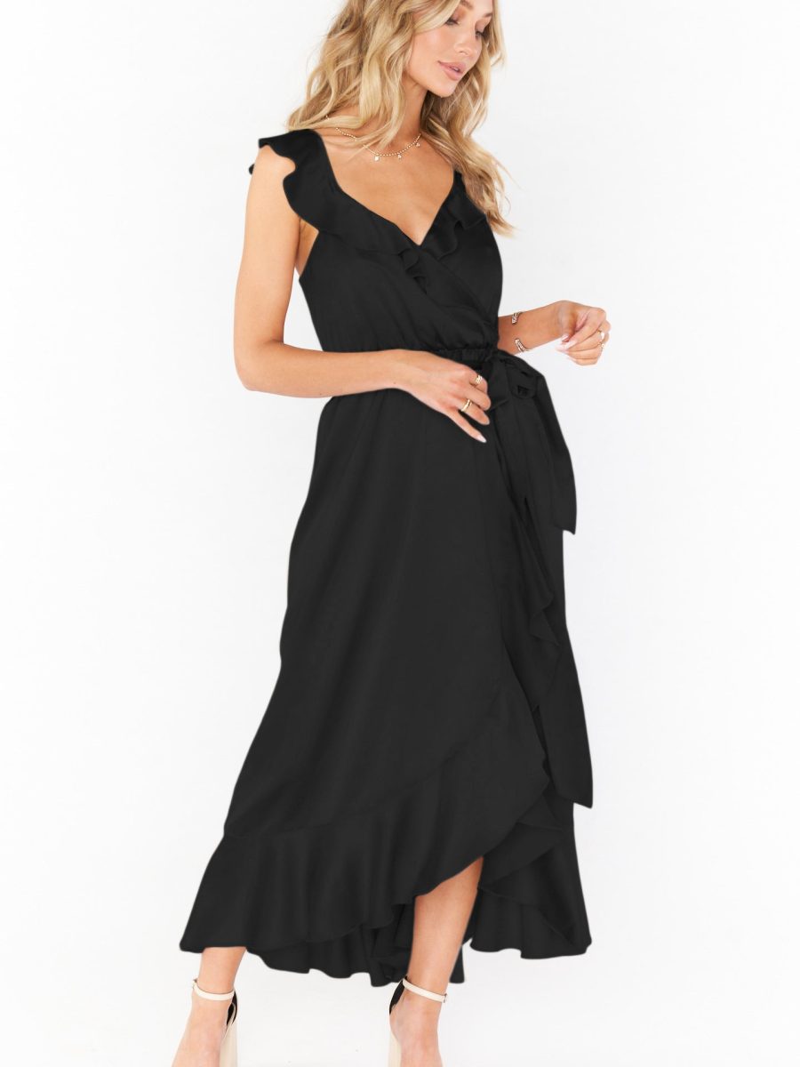 Samantha Ruffle Wrap Dress ~ Black Luxe Satin
