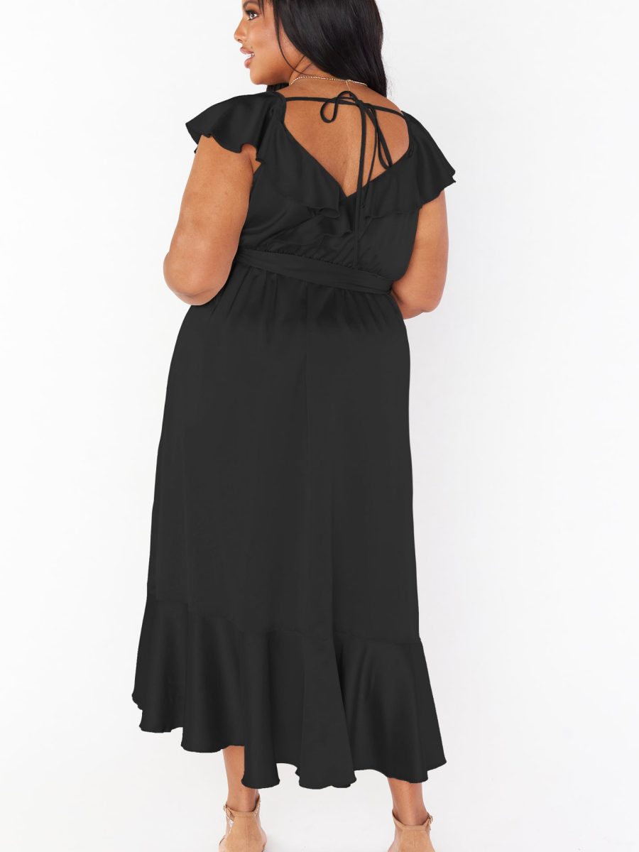 Samantha Ruffle Wrap Dress ~ Black Luxe Satin