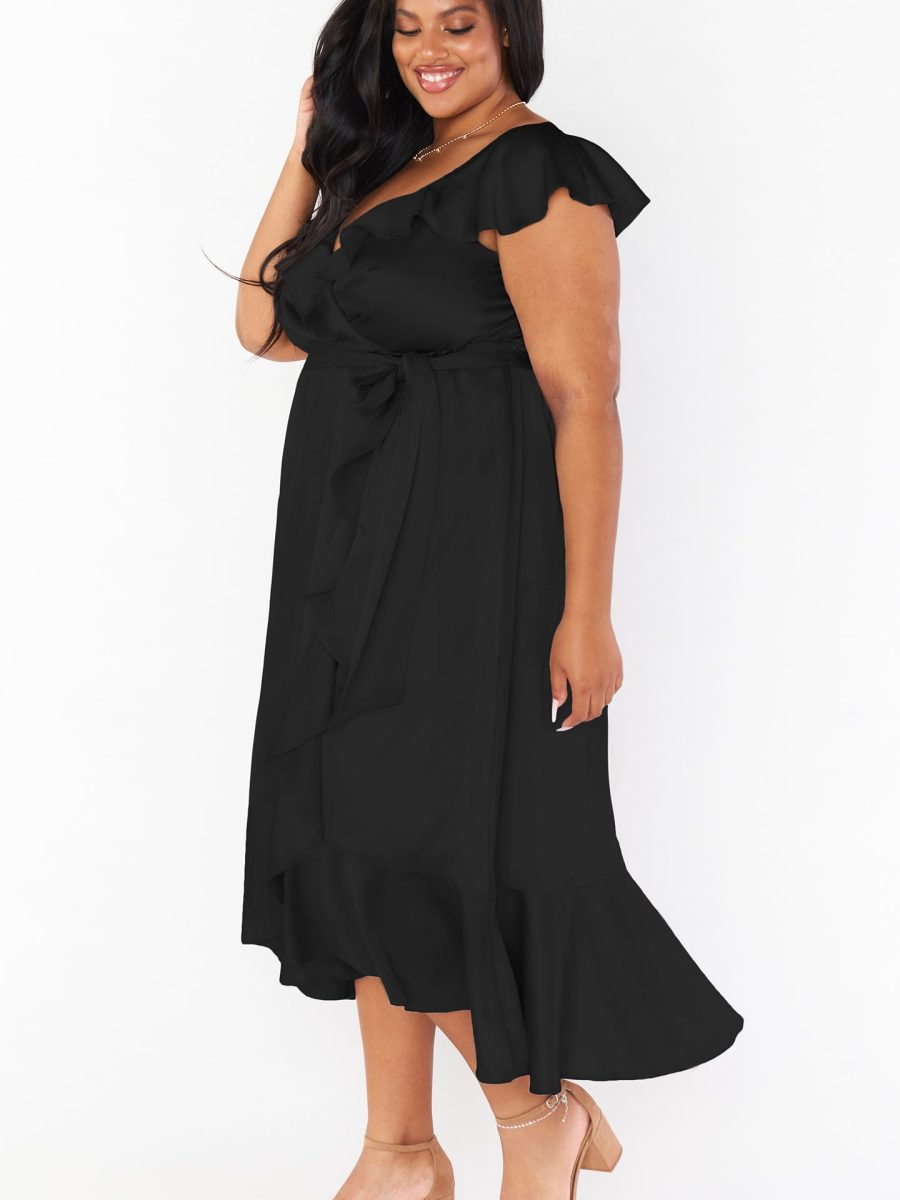 Samantha Ruffle Wrap Dress ~ Black Luxe Satin