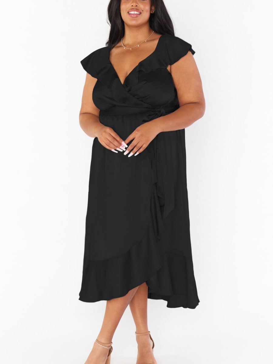 Samantha Ruffle Wrap Dress ~ Black Luxe Satin