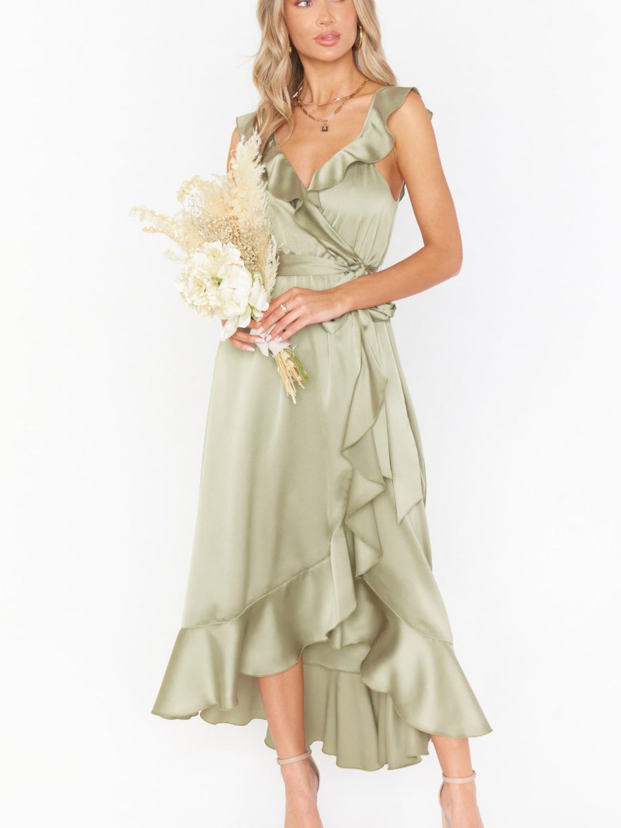 Samantha Ruffle Wrap Dress ~ Moss Green Luxe Satin