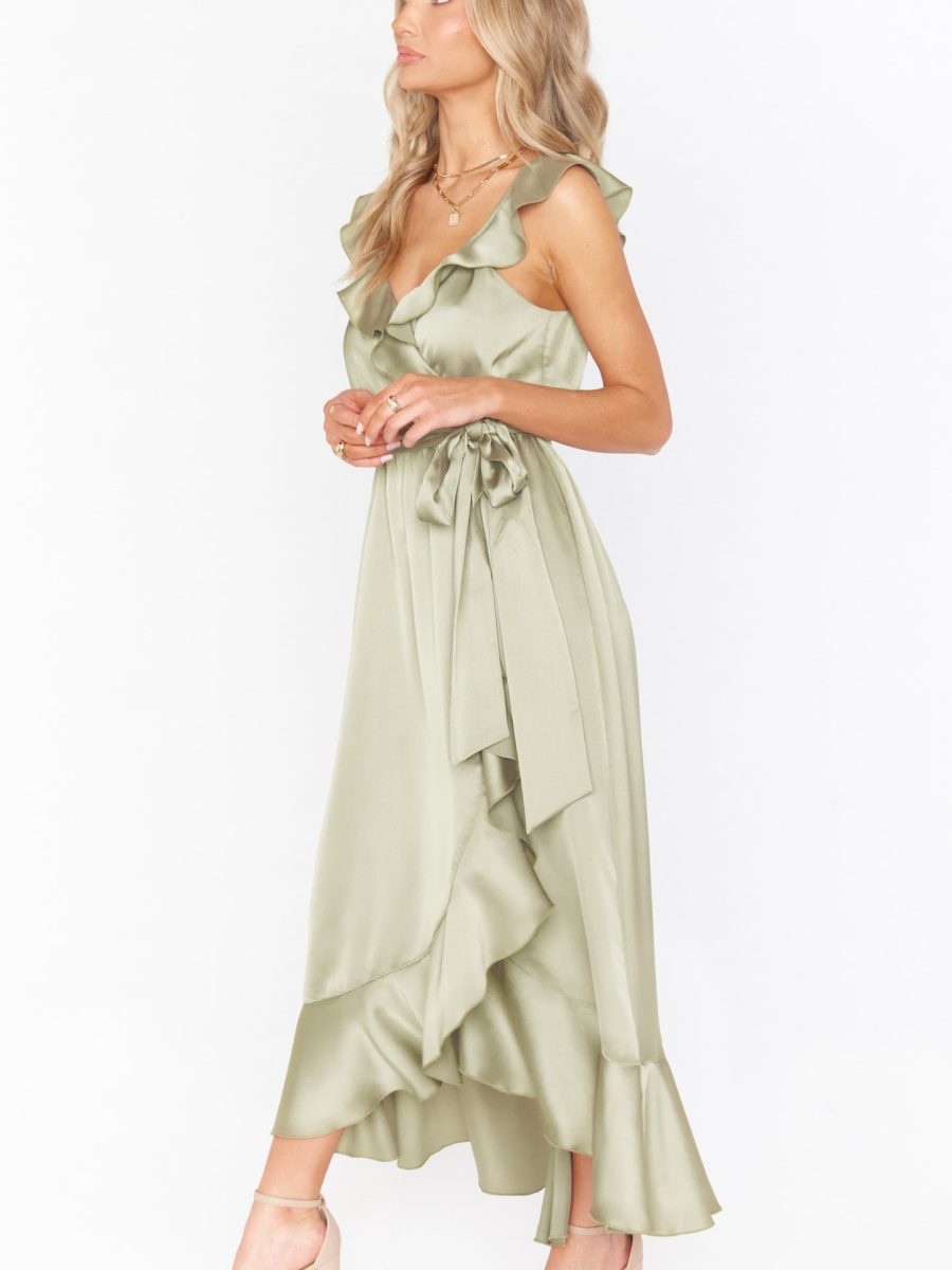 Samantha Ruffle Wrap Dress ~ Moss Green Luxe Satin