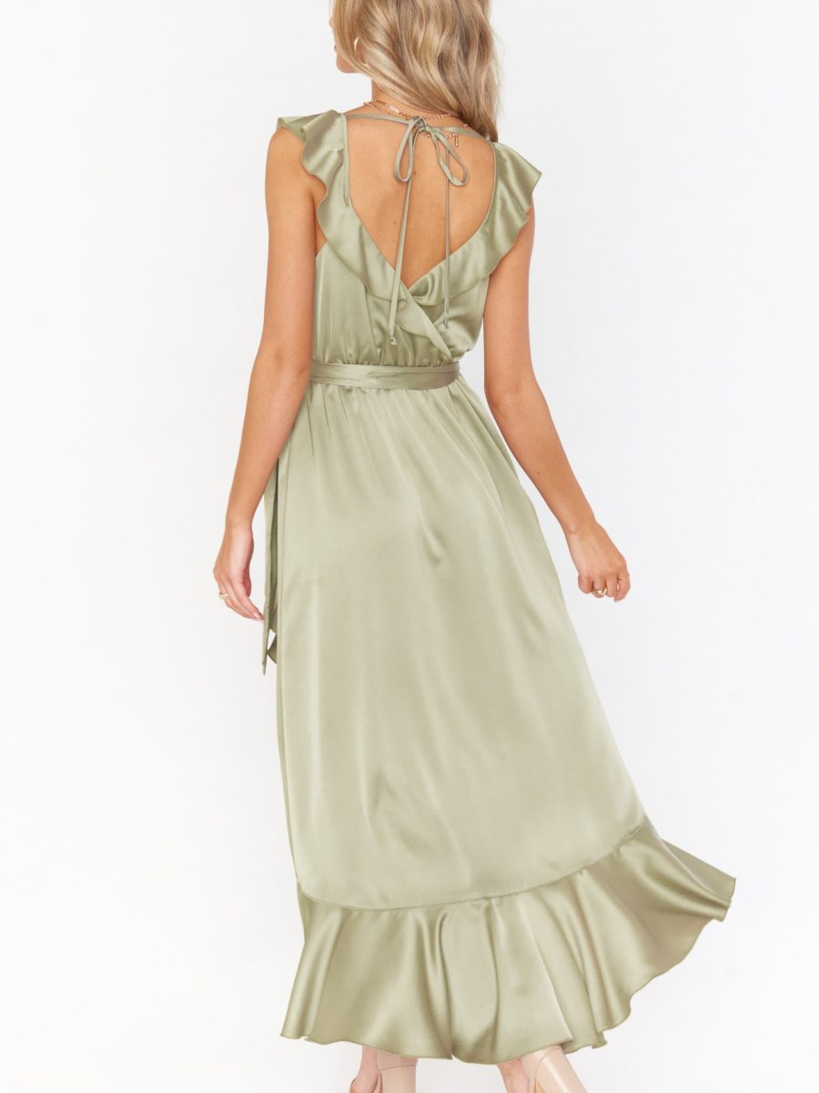 Samantha Ruffle Wrap Dress ~ Moss Green Luxe Satin