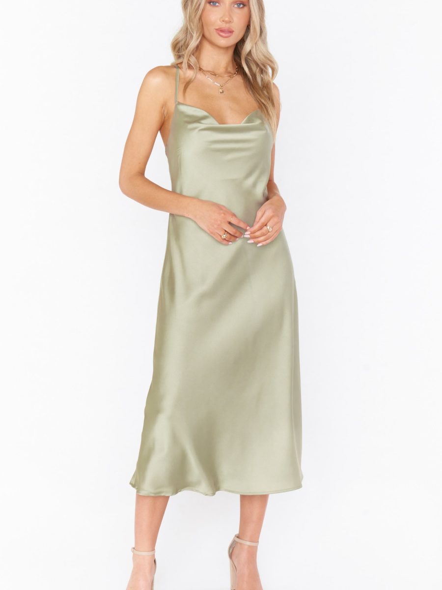 Verona Cowl Dress ~ Moss Green Luxe Satin