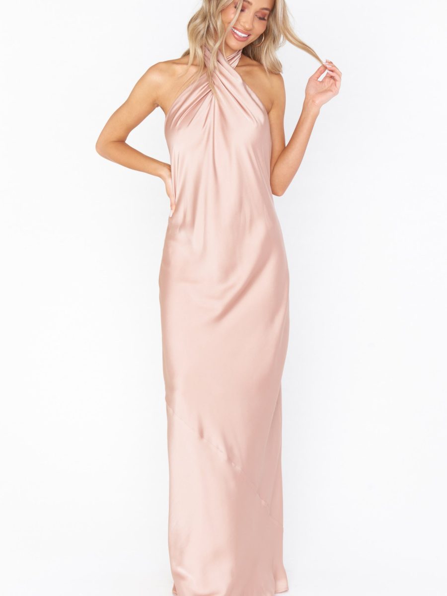 Jasmine Halter Maxi Dress ~ Rose Gold Luxe Satin