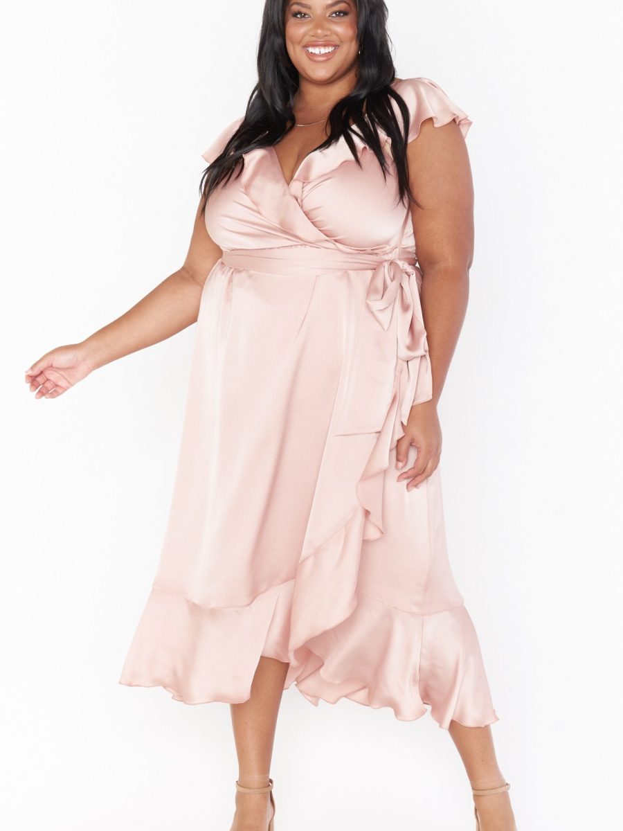 Samantha Ruffle Wrap Dress ~ Rose Gold Luxe Satin