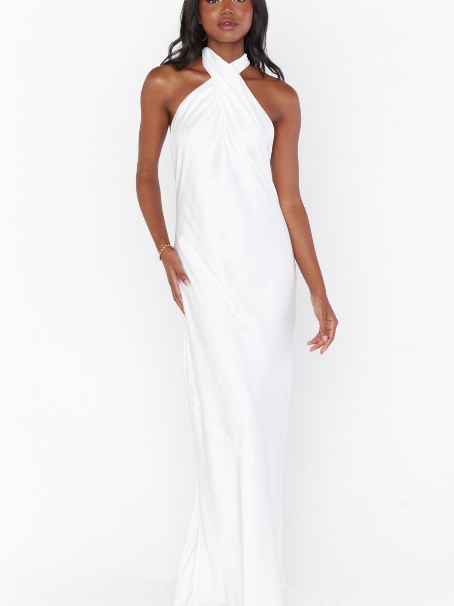 Jasmine Halter Maxi Dress ~ Ivory Luxe Satin