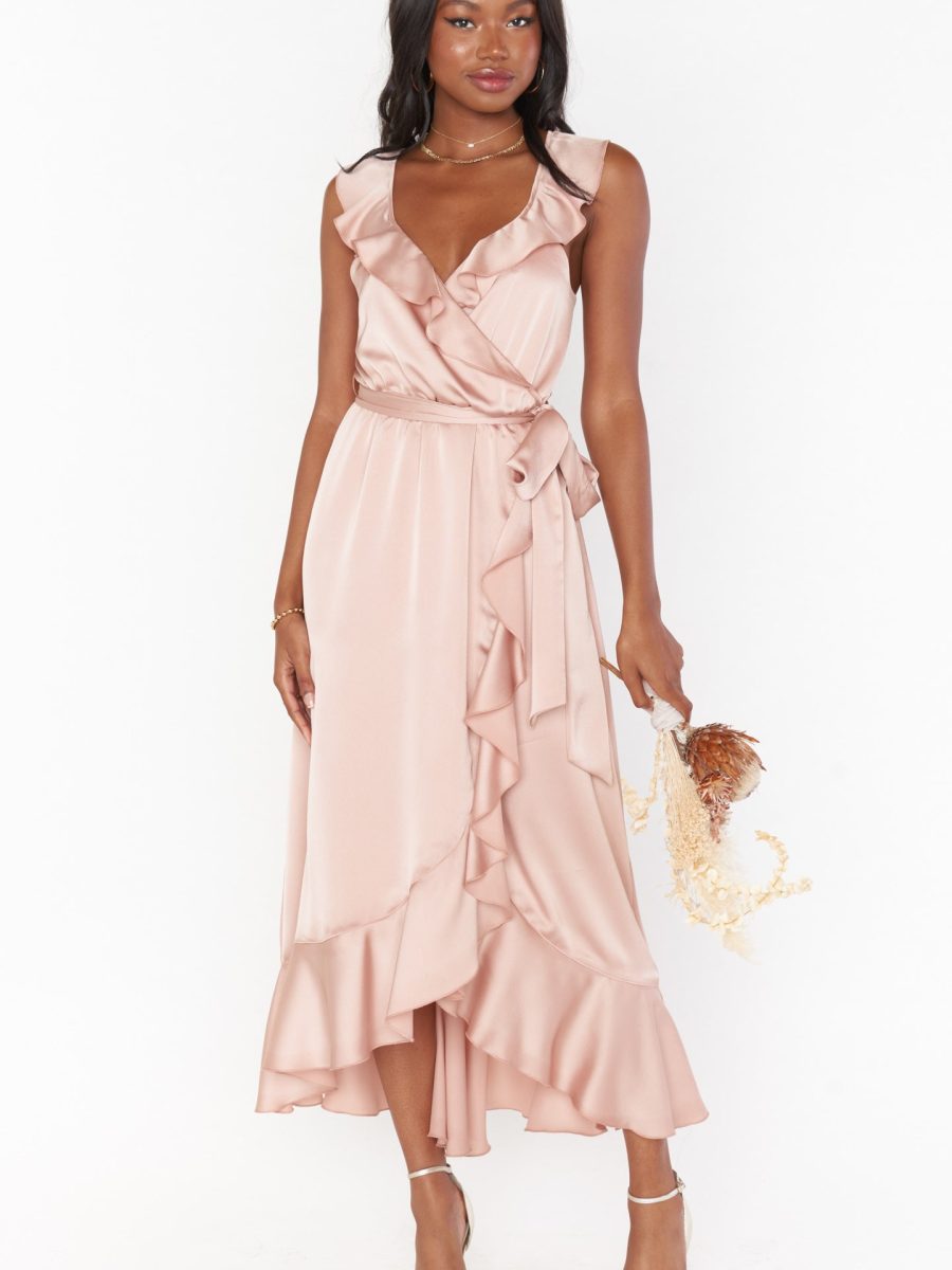 Samantha Ruffle Wrap Dress ~ Rose Gold Luxe Satin