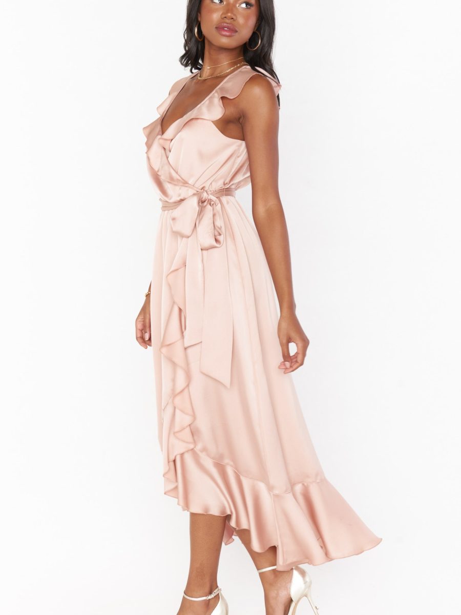 Samantha Ruffle Wrap Dress ~ Rose Gold Luxe Satin