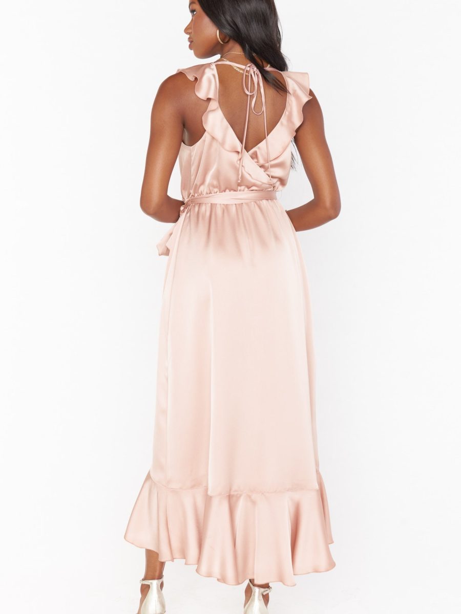 Samantha Ruffle Wrap Dress ~ Rose Gold Luxe Satin