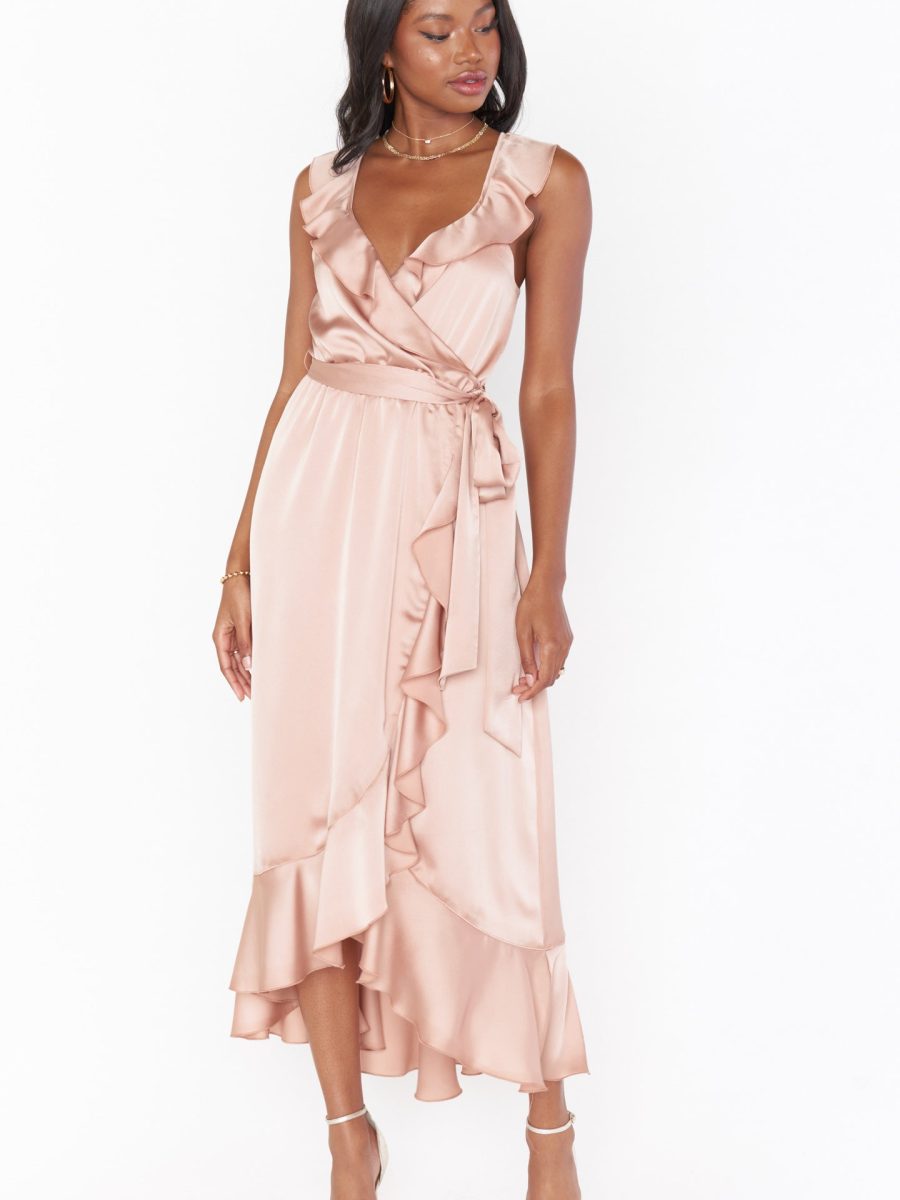 Samantha Ruffle Wrap Dress ~ Rose Gold Luxe Satin