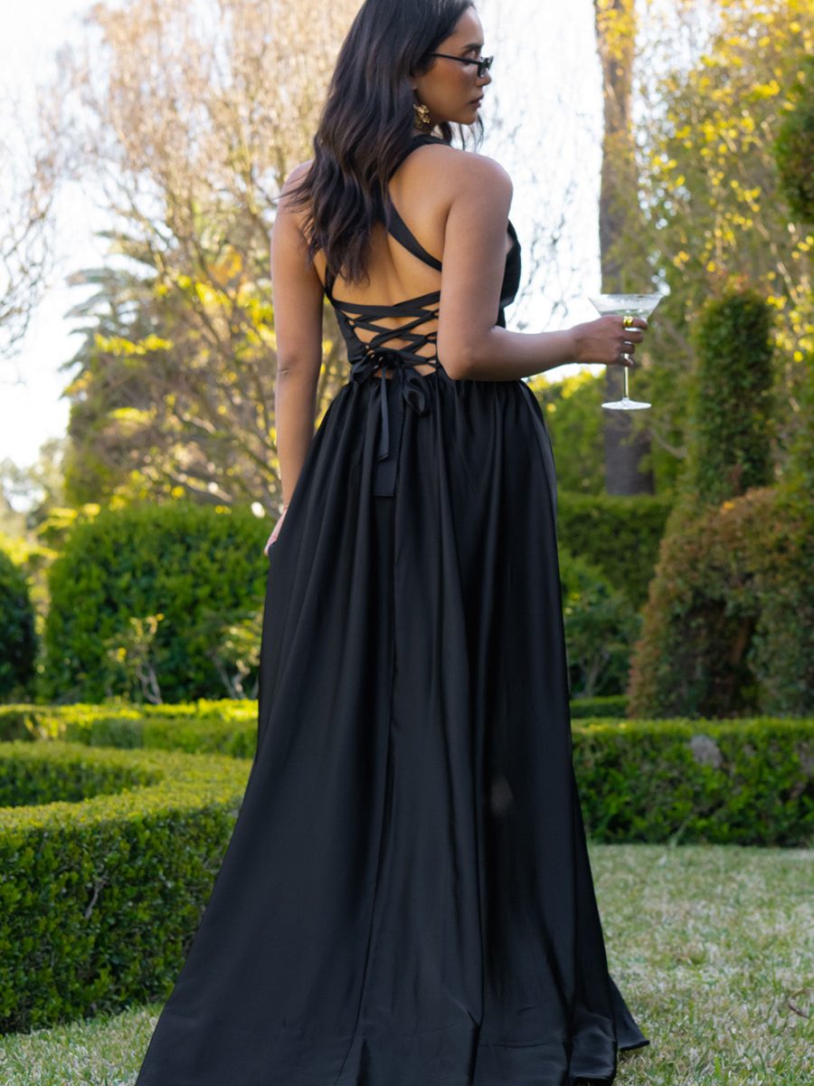 Abigail Maxi Dress ~ Black Luxe Satin